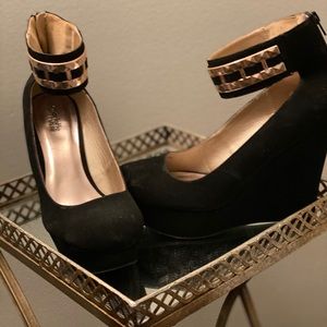 Black Suede Wedges with Thick Gold Ankle Strap